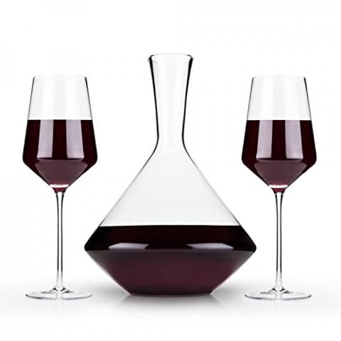 Viski Raye Bordeaux Wine Glasses & Decanter Set - Premium Crystal Clear Glass, Modern, Stemmed, Flat Bottom, Red Wine Gift - Set of 3 , 16 oz and 30 oz