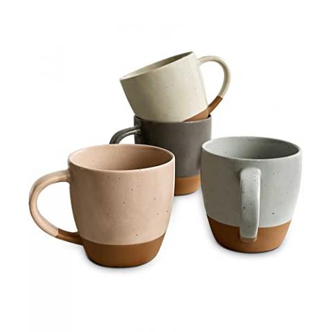 Mora Ceramic Large Latte Mug Set of 4, 16oz - Microwavable, Porcelain Coffee Cups With Big Handle - Modern, Boho, Unique Style For Any Kitchen. Microwave Safe Stoneware - Assorted Neutrals