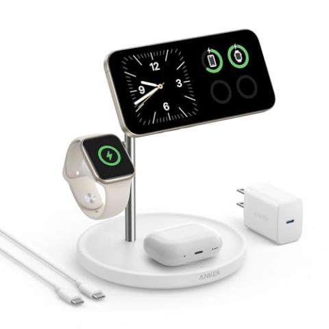 Anker MagSafe-Compatible iPhone 16 Wireless Charging Stand, MagGo 3 in 1 Wireless Charging Station, Qi2 Certified 15W Wireless Charger, Desk Accessory, for iPhone 16/15/14/13/12, Apple Watch, AirPods