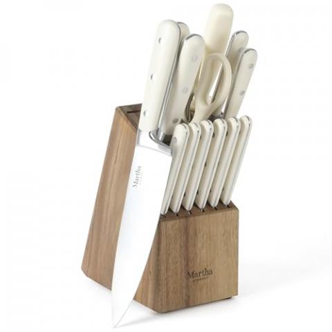 MARTHA STEWART Eastwalk 14 Piece High Carbon Stainless Steel Cutlery Kitchen Knife Block Set w/ABS Triple Riveted Forged Handle Acacia Wood Block - Linen White