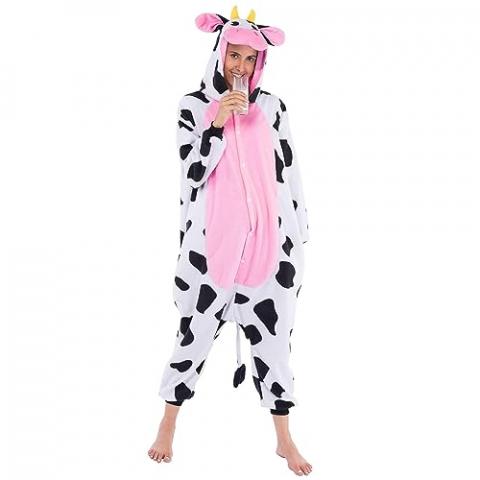 Spooktacular Creations Cow Pajama, Plush Cow Costume One Piece Cow Outfit Hooded, Pink Cow Halloween Costume Sleepwear for Halloween Cosplay Animal Themed Parties(Medium)