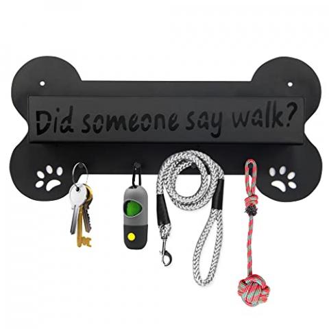 Deveosa Dog Leash Holder for Wall Decorative - Black Bone Shape Wall Mount Decor with 4 Hooks for Key and Leash Rack Hangers with Storage Shelf (Style 1)