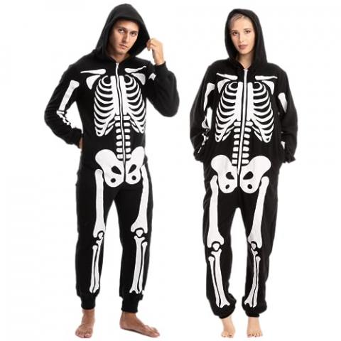 Spooktacular Creations Skeleton Costume, Unisex Adult Skeleton Pajamas, Plush Skeleton Hoodie Zippered Skeleton Jumpsuit, One Piece Halloween Costume Sleepwear for Cosplay Themed Parties (Large)