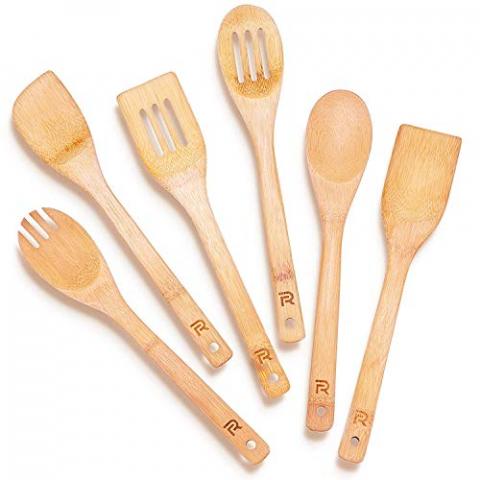 Riveira Bamboo Wooden Spoons for Cooking 6-Piece, Apartment Essentials Wood Spatula Spoon Nonstick Kitchen Utensil Set Premium Quality Housewarming Gifts for Everyday Use