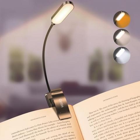 Gritin 16 LED Rechargeable Book Light for Reading in Bed- Eye Caring 3 Color Temperatures, Stepless Dimming Brightness, 80 Hrs Runtime, Lightweight Flexible Clip on Book Light for Book Lovers