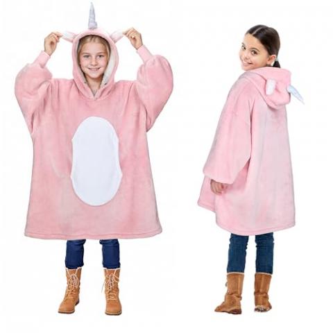 Solaris Pink Unicorn Wearable Blanket Hoodie for Kids - Warm Soft Gift, Oversized Cozy Sherpa Fleece Sweatshirt Pullover for Teens, Girls, Boys