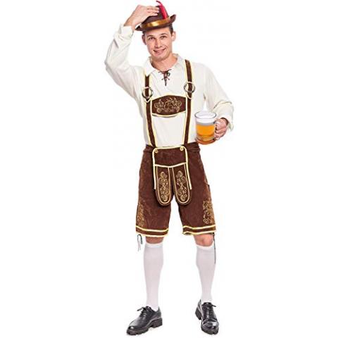 Spooktacular Creations Halloween Men’s Oktoberfest Costume Set, Lederhosen Men with German Bavarian Hat, Beer Costume, Adults Halloween Costumes Brown Outfit for Beer Festival Party (Large)