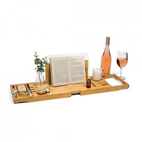 Luxe Lily Holds Your Book Open – Extendable Wooden Bathtub Tray Keeps Your Book Open While Protecting from Drips and Splashes - Perfect Bath Tub Tray for Reading and Relaxing in The Bathtub