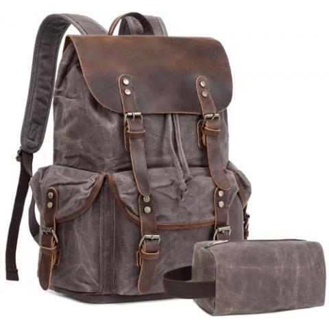 JIELV Vintage Leather Canvas Backpack, Waxed Canvas Shoulder Rucksack with Toiletry Shoulder Rucksack for Traveling, Camping, Hiking,Business College Fits 17inch Laptop,Grey