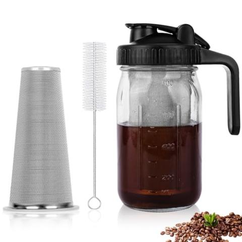 Cold Brew Coffee Maker, 32oz Cold Brew Pitcher with Stainless Steel Super Dense Filter, Durable Glass, BPA Free Sturdy Mason jar, for Iced Brew Coffee, Lemonade, Homemade Fruit Drinks Container