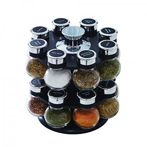 Kamenstein 16 Jar Ellington Revolving Countertop Spice Rack with Lift & Pour Caps and Spices Included, FREE Spice Refills for 5 Years: Black and Chrome