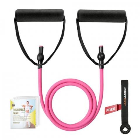 RitFit Single Resistance Exercise Band with Comfortable Handles - Ideal for Physical Therapy, Strength Training, Muscle Toning - Door Anchor and Starter Guide Included (Rose Pink(10-15lbs))