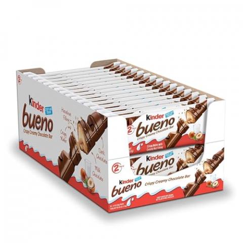 Kinder Bueno Milk Chocolate and Hazelnut Cream, 2 Individually Wrapped Chocolate Bars Per Pack, 1.5 oz each, 30 Pack