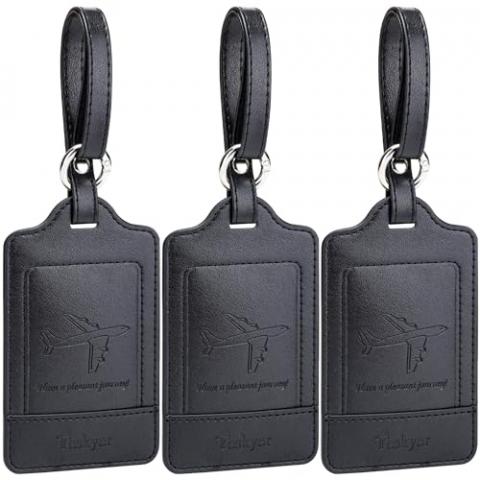 Teskyer Luggage Tags, 3 Pack Premium PU Leather Luggage Tags for Suitcases, Privacy Protection Bag Tags Travel Essentials, Black