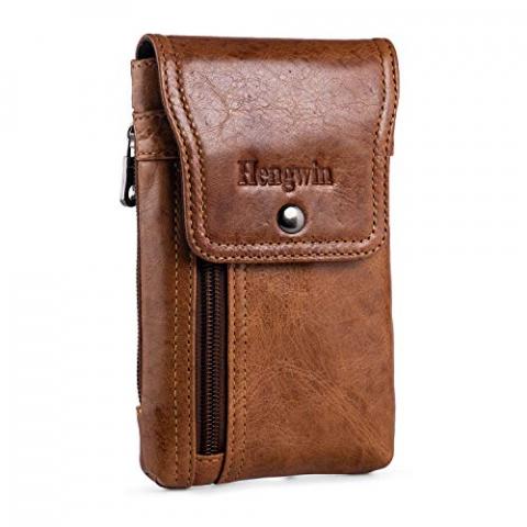 Hengwin Phone Holster Case with Belt Clip, Genuine Leather Belt Pouch Belt Case Cell Phone Holder Fit for iPhone 15 Plus 14 Pro Max 11 Pro Max Xs Max 7 Plus 8 Plus (Fit Cellphone with Case On) (Brown)