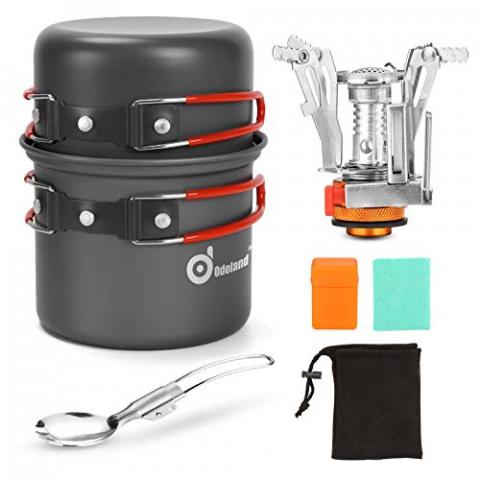 Odoland 6pcs Camping Cookware Mess Kit with Lightweight Pot, Stove, Spork and Carry Mesh Bag, Great for Backpacking Outdoor Camping Hiking and Picnic