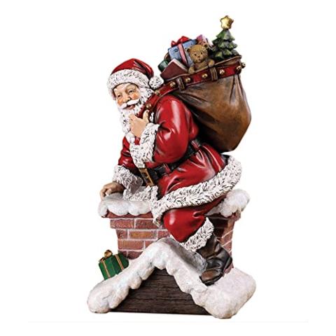 Napco Santa Claus Climbing Down the Chimney with Presents Resin Stoneware 11 Inch Decorative Holiday Figurine for the Mantle, Bookshelf, or Tabletop