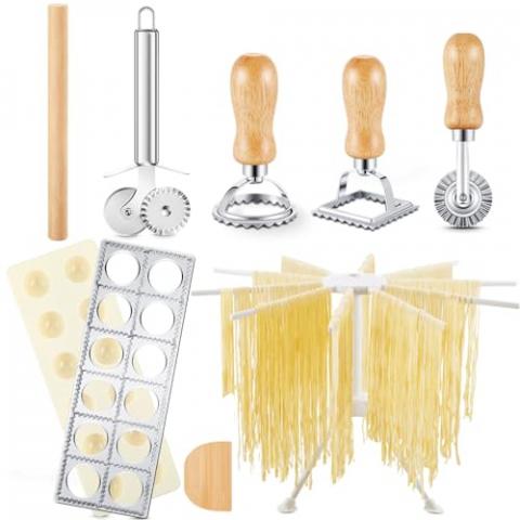 Geetery 8 Pcs Ravioli Mold Set Include 1 Ravioli Maker 1 Foldable Pasta Drying Rack 1 Wooden Ravioli Rolling Pin 1 Pizza Slicer 1 Dough Scraper 3 Pasta Stamps for Kitchen Pasta Making Tools