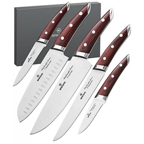 Brewin CHEFILOSOPHI Japanese Chef Knife Set 5 PCS with Elegant Red Pakkawood Handle Ergonomic Design,Professional Ultra Sharp Kitchen Knives for Cooking High Carbon Stainless Steel