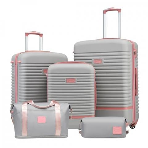 Coolife Suitcase Set 3 Piece Luggage Set Carry On Travel Luggage TSA Lock Spinner Wheels Hardshell Lightweight Luggage Set(Gray+Pink, 5 piece set)