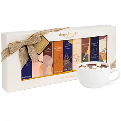 Gourmet Hot Chocolate Gift Set, Flavors Include Salted Caramel, Peppermint, French Vanilla and More, Packaged in Gift Box with Bow, Set of 9