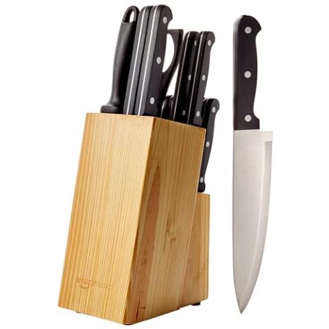 Amazon Basics 14-Piece High Carbon Stainless Steel Kitchen Knife Set with Sharpener and Pinewood Block, Black