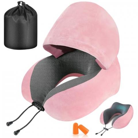 Cirorld Travel Pillow, Neck Pillow for Travel with Hood for Airplane, Velvet Memory Foam Neck Pillow Women Lady Head & Neck Support, for Long Flights Plane, Office, Cars Sleeping & Rest (Pink)