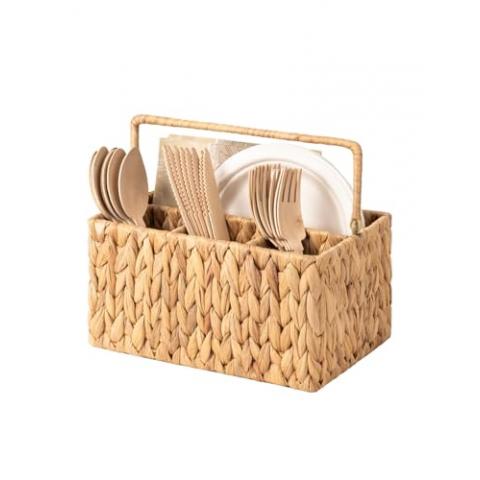 StorageWorks Hand-Woven Wicker Silverware Organizer - Water Hyacinth Cutlery Holder for Countertop with Handle (1-Pack)