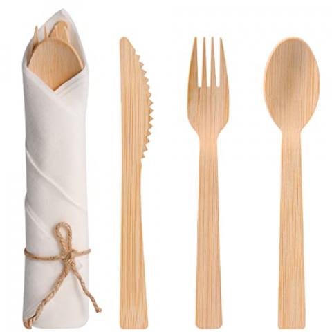 Pre Rolled Napkin and Bamboo Cutlery Set - 50Pack Bamboo Utensils/Compostable Cutlery(50 Forks, 50 Knives, 50 Spoons, 50 Napkins), Biodegradable Wrapped Cutlery for Party, Banquet, Wedding