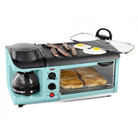 Nostalgia 3-in-1 Breakfast Station - Includes Coffee Maker, Non-Stick Griddle, and 4-Slice Toaster Oven - Versatile Breakfast Maker with Timer - Aqua