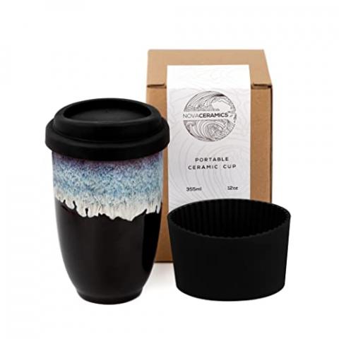 NOVA CERAMICS 12oz Travel Coffee Mug - Unique Microwave & Dishwasher Safe Tumbler With Lid - Gifts For Women & Men