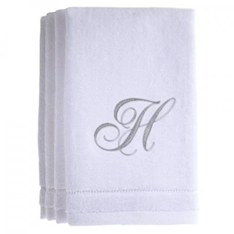 Monogrammed Towels Fingertip, Personalized Gift, 11 x 18 Inches - Set of 4- Silver Embroidered Towel - Extra Absorbent 100% Cotton- Soft Velour Finish - For Bathroom/ Kitchen/ Spa- Initial H (White)