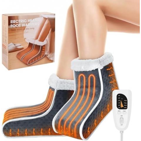 Split Electric Foot Warmer, Quick Heating Pad for Feet, 6-Level Heated Slippers for Men Women, Soft Heated Boots, Feet Warmer with Detachable Washable Liner for Home, Office, Christmas