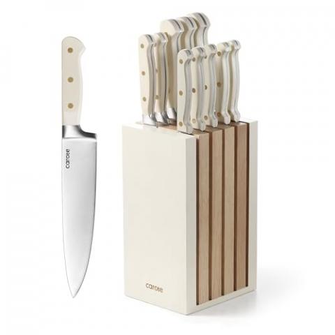 CAROTE 11PCS Knife Set with Block for kitchen, Stainless Steel Razor-Sharp Blade, Triple Riveted Ergonomic Handle,Essential Knife Set, Beige