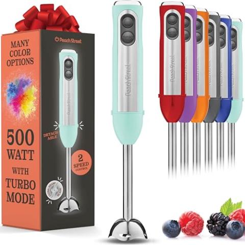 Powerful Immersion Blender, Electric Hand Blender 500 Watt with Turbo Mode, Detachable Base. Handheld Kitchen Blender Stick for Soup, Smoothie, Puree, Baby Food, 304 Stainless Steel Blades (Aqua)