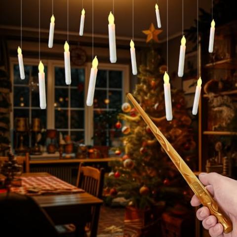 Floating Candles with Wand, 12 Pcs Magic Hanging Candles Flameless, Flickering Warm Light LED Taper Candle with Wand Remote, Battery Operated Window Candle Set for Halloween Witch Wizzard Decors