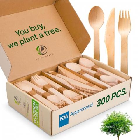 100% Compostable Cutlery Set - 300 Pieces Wooden Compostable Utensils [120 Forks, 90 Knives, 90 Spoons] - Disposable Wooden Cutlery, Eco Friendly Forks And Spoons Disposable Cutlery Set Party Utensils