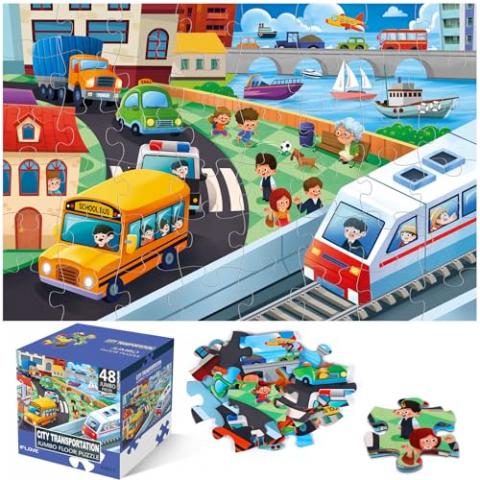 Jumbo Floor Puzzle for Kids,City Transportation Jigsaw Large Puzzles,48 Piece City Life Vehicle Puzzle for Toddler Ages 3-5,Children Learning Preschool Educational Toys,Gift for 4-8 Years Old