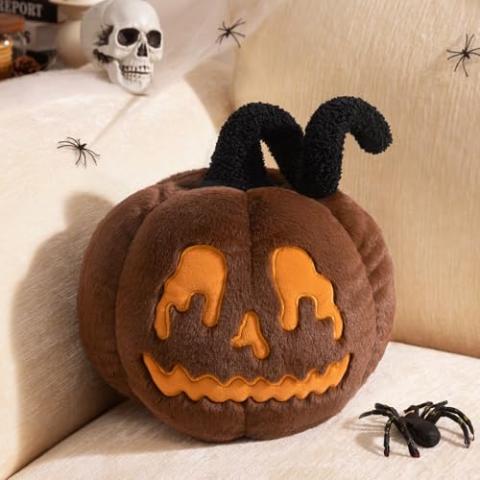 Ashler Halloween Pumpkin Pillows, Ghost Pumpkin Throw Pillows, Halloween Decorative 3D Pumpkin Shaped Faux Rabbit Fur Pillow, Ultra Soft Fluffy Jack-O-Lantern Pumpkin Cushion, Brown, 9 x 11 inches