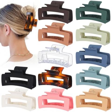 Sisiaipu 3.5 Inch Medium Hair Accessories - 12 Pcs Square Jaw Clips for Thick and Thin Hair, Rectangular Rectangle Basic Color Hair Clips for Women and Girls