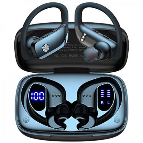 bmani Wireless Earbuds Bluetooth Headphones 48hrs Play Back Sport Earphones with LED Display Over-Ear Buds with Earhooks Built-in Mic Headset for Workout Black