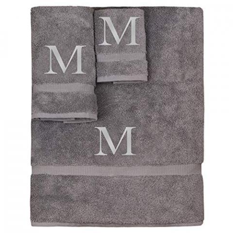 Monogrammed Towel Set, Personalized Gift, Set of 3- Silver Block Letter Embroidered Towel - Extra Absorbent 100% Turkish Cotton - Soft Terry Finish - Initial M Gray