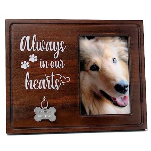 Memory Grove Pet Memorial Picture Frame - 4 x 6 Dog Photo Keepsake with ID Tag Display - Wood Frame with Metal Stand and Photo Storage - Rainbow Bridge Pet Memorial Gifts for Loss of Dog or Cat