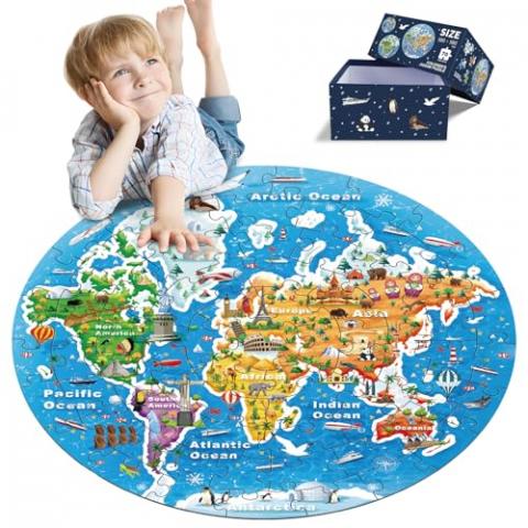 World Map Round Jigsaw Puzzles,Geography Floor Puzzle for Kids,Large 70 Piece Puzzle for Toddler Ages 3-5,Preschool Learning Educational Christmas Birthday Gift Gift for 4-8 Years Old Boy Girl