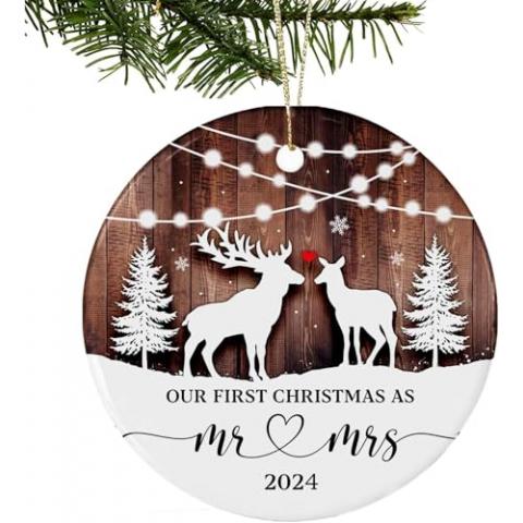 Our First Christmas Married Ornament 2024,Just Married Christmas Ornament as Mr and Mrs, First Year Newlywed 2.9" Ceramic Round Ornament, Wedding Decoration for Couple Married