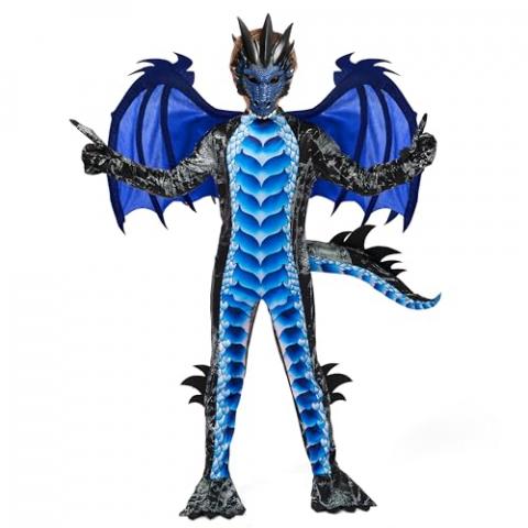 Spooktacular Creations Halloween Kids Boys Black and Blue Dragon costume, Dragon Wings and Mask for Halloween Parties, Cosplay-S(5-7yr)