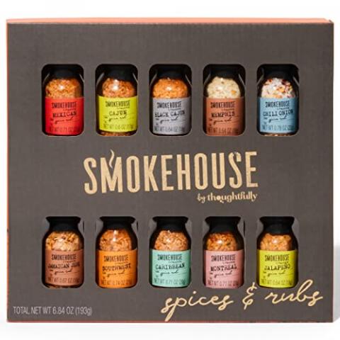 Smokehouse by Thoughtfully, Gourmet Grilling Spice Set in Mini Glass Bottles, Vegan and Vegetarian, Grill Seasoning Flavors Include Caribbean, Jamaican Jerk, Jalapeno, Montreal and More, Pack of 10