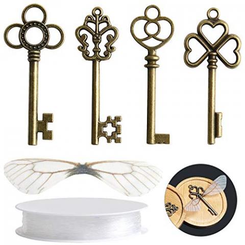 SANNIX 30 PCS Vintage Skeleton Keys Flying Keys Charms with 30 Pairs Dragonfly Wings and 30 Yards Elastic Crystal String for DIY Jewelry Making Wedding Party Favors Room Decor