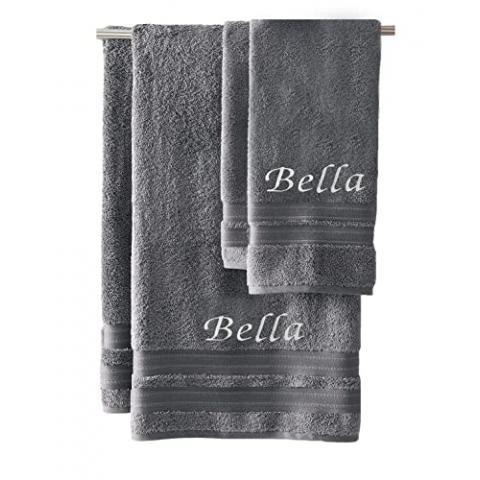 Liberty21 Luxury Embroidered Bath & Hand Towels, 100% Cotton. Custom Monogrammed Personalized Embroidered Towels. Set Includes 1 Bath Towel and 1 Hand Towel. (Grey)