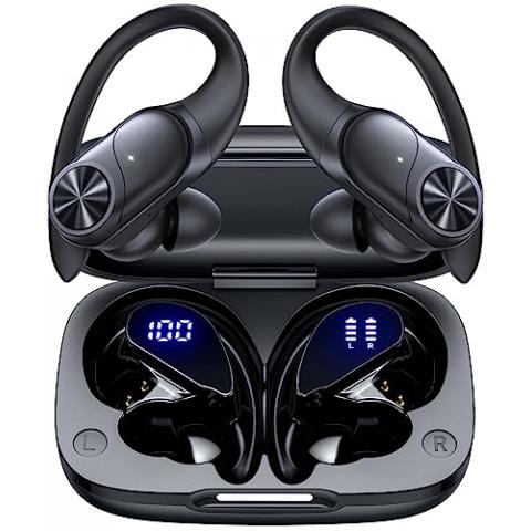 PocBuds Bluetooth Headphones Wireless Earbuds 80hrs Playtime Wireless Charging Case Digital Display Sports Ear Buds with Earhook Deep Bass IPX7 Waterproof Over-Ear Earphones for TV Phone Laptop Black